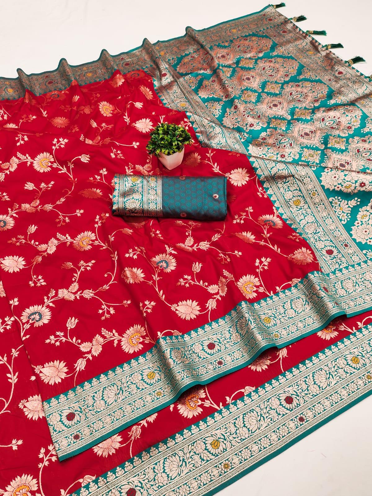 Soft Banarasi Silk Saree with Zari Weaving & Meenakari Work – Rich Pallu & Contrast Border